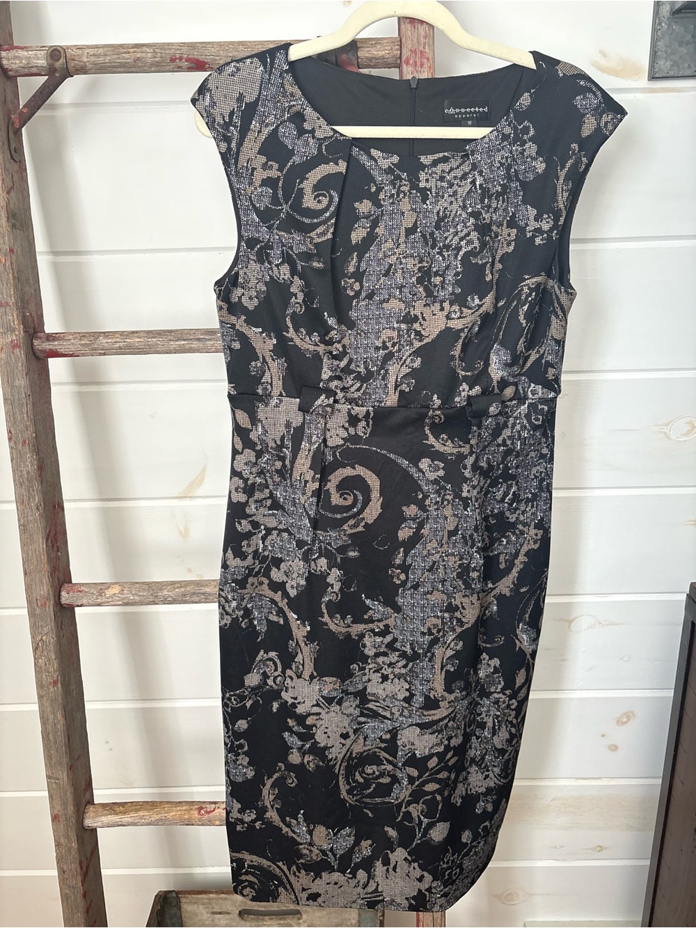 connected apparel Black and Silver Metallic Floral Midi Dress